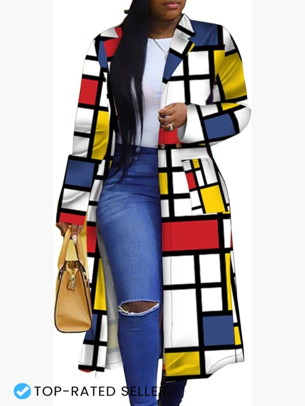 Geometric Print Trench Coat Double Breasted Turn Down Collar Long Lightweight